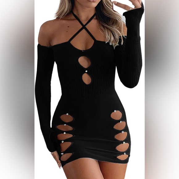 Dresses & Skirts - Women Cut Out Bodycon Mini Dress Long Sleeve Night Party Club E Girl Streetwear